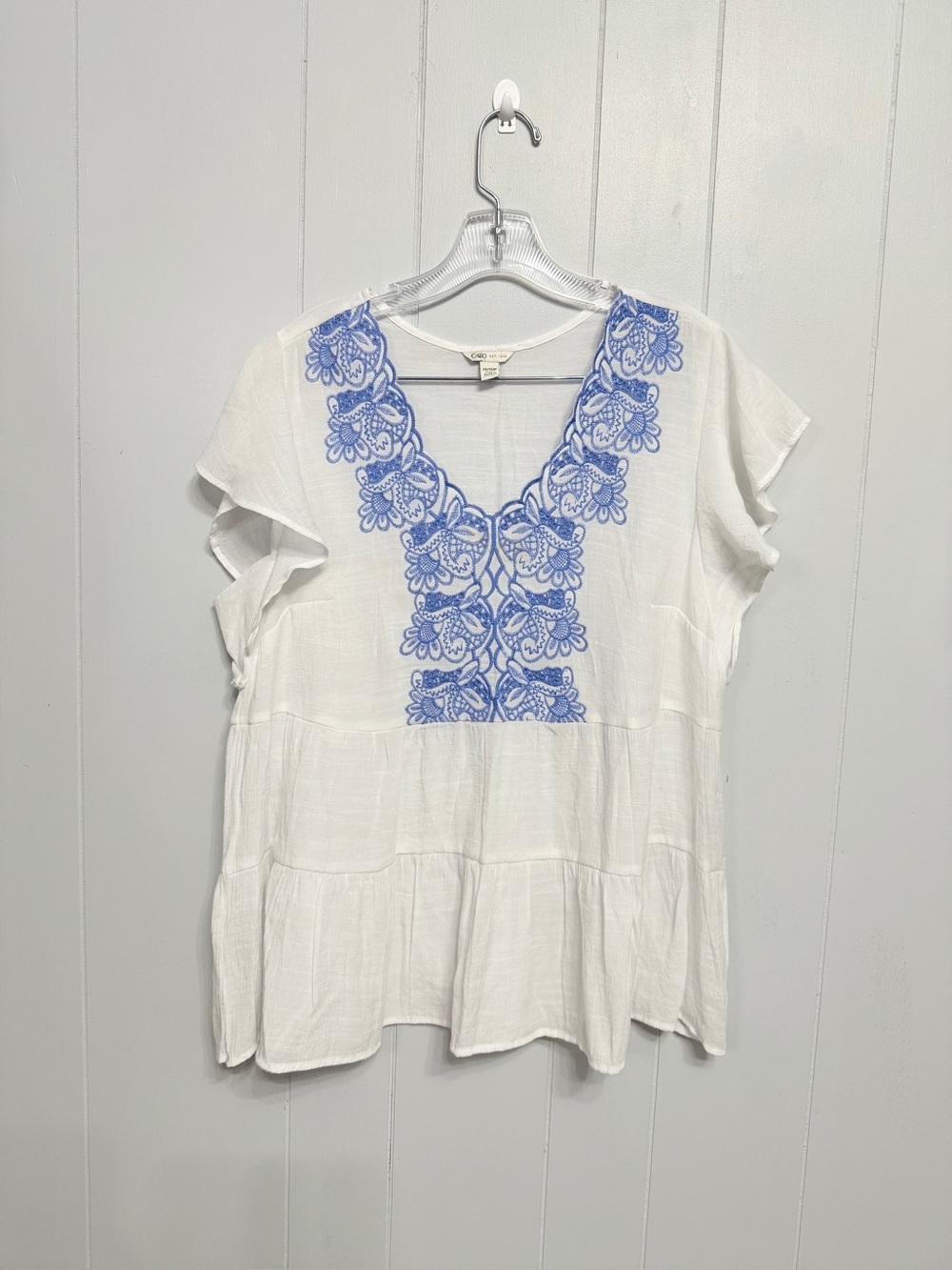 Cato White Tunic Top with Blue Embroidery